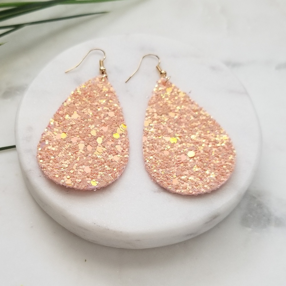 5 for $25 Pink Glitter Leather Leaf Earrings - Picture 2 of 4